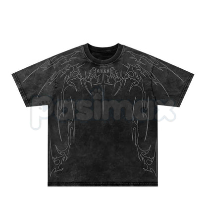 Cyber Sigilism Gothic Tribal Acid Wash T-Shirt – Retro Y2K Alt Dark Aesthetic Graphic Tee, Vintage Washed Lightweight Cotton Unisex Streetwear Top