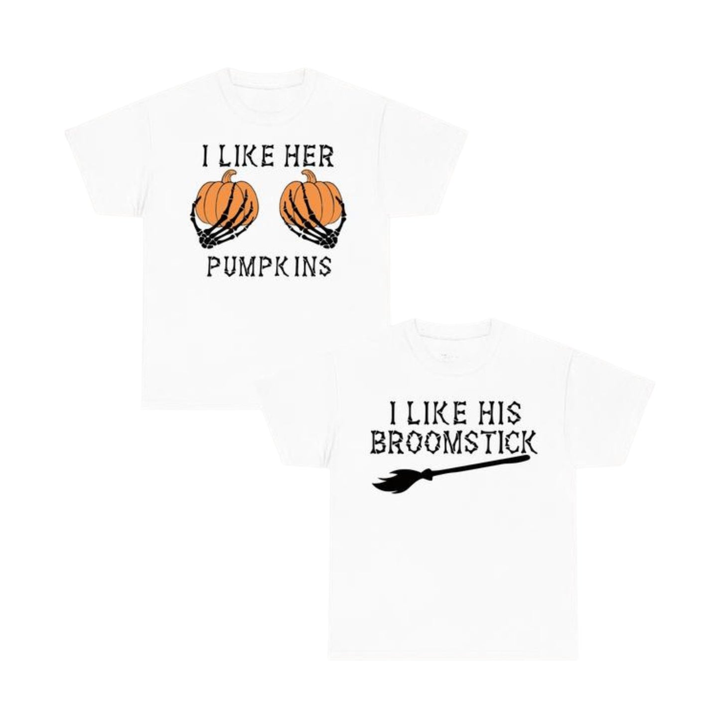 Halloween Couple T-Shirts – I Like Her Pumpkins / I Like His Broomstick