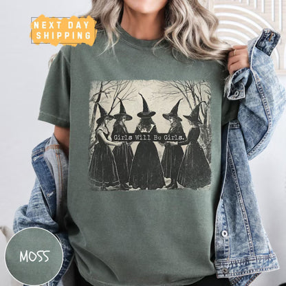 Cozy Retro 'Girls Will Be Girls' Witch Shirt – Comfort Colors® Nostalgic Halloween Tee, Funny Witchy Vibes Fall Staple