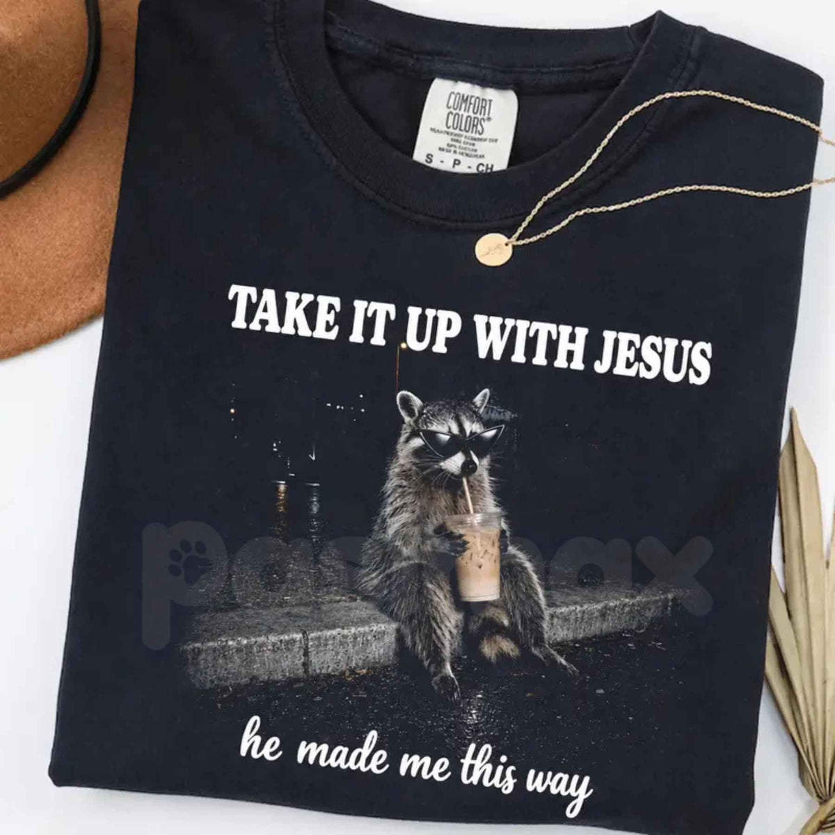 Comfort Colors® Grunge Raccoon Bubble Tea T-Shirt – Funny Take It Up With Jesus Graphic Tee, Retro Trash Panda Unisex Top & Gift