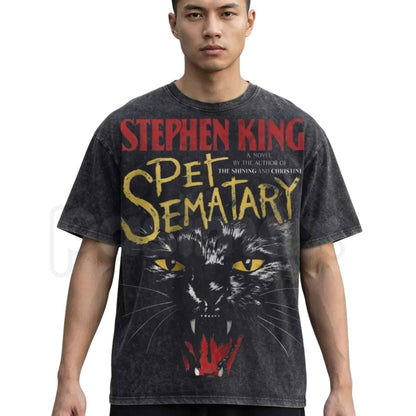 Creepy Black Cat Thriller Graphic Tee – Spooky Retro Horror Movie T-Shirt, Vintage Acid Washed Lightweight Cotton Unisex Streetwear Top