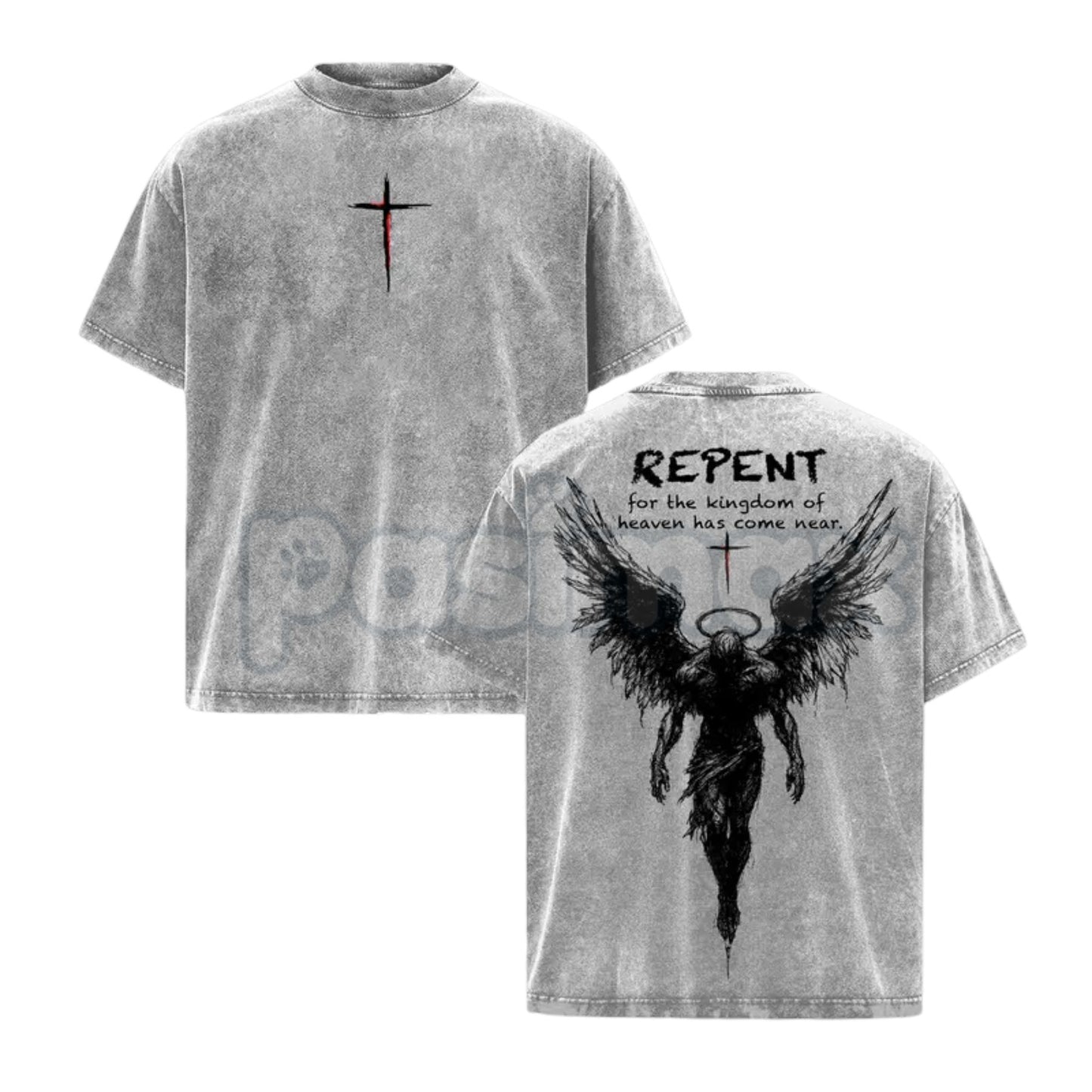 The Kingdom Mandate: Repent Vintage Washed Tee – Heavy Cotton Christian Streetwear, Gospel Angel Wings Shirt