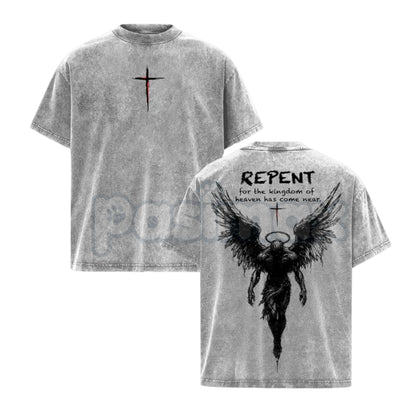 The Kingdom Mandate: Repent Vintage Washed Tee – Heavy Cotton Christian Streetwear, Gospel Angel Wings Shirt