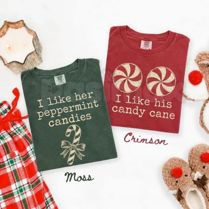 Comfort Colors® I Like His Candy Cane & I Like Her Peppermint Candies T-Shirts – Funny Christmas Couples Matching Graphic Tees, Holiday Unisex Top & Gift