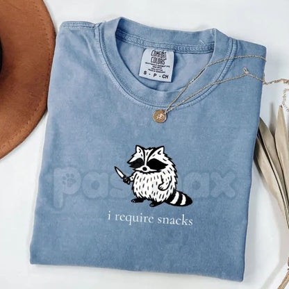 Comfort Colors® 'I Require Snacks' Raccoon T-Shirt – Funny Trash Panda Tee, Relatable Snack Lover Shirt, Vintage Animal Graphic Apparel