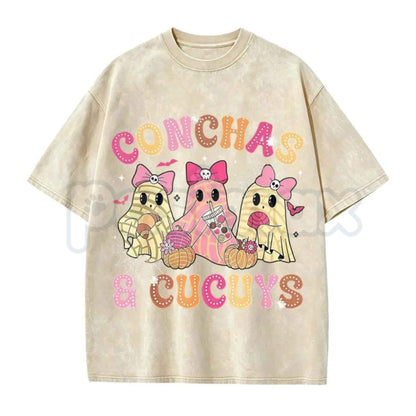 Mexican Ghost Shirt – Espooky Vibes Fantasma Graphic Tee, Retro Halloween Dia De Los Muertos Vintage Washed Lightweight Cotton Unisex Top