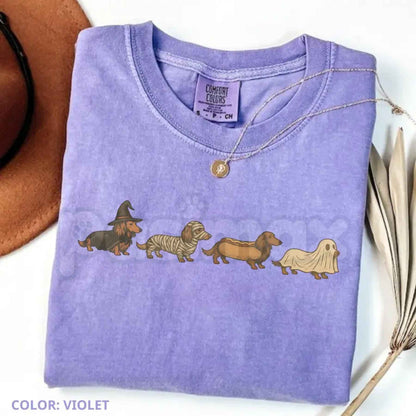 Comfort Colors® Halloween Wiener Dog T-Shirt – Funny Dachshund Costume Graphic Tee, Retro Spooky Season Pet Lover Unisex Top