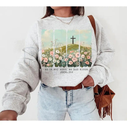 He Is Risen Crewneck | Wildflower Easter Sweatshirt | Aesthetic Christian Floral Pullover | Botanical Resurrection Shirt | Sunday Morning Faith Jumper | Minimalist Easter Gift for Women
