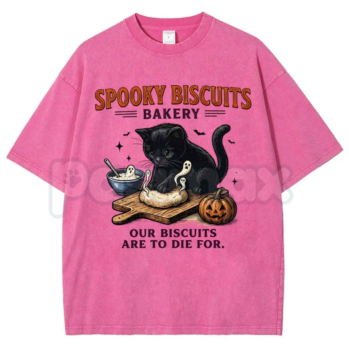 Spooky Biscuits Black Cat Halloween Graphic Washed Tee – Retro Feline Meme Shirt, Vintage Acid Wash Lightweight Cotton Unisex Streetwear Top