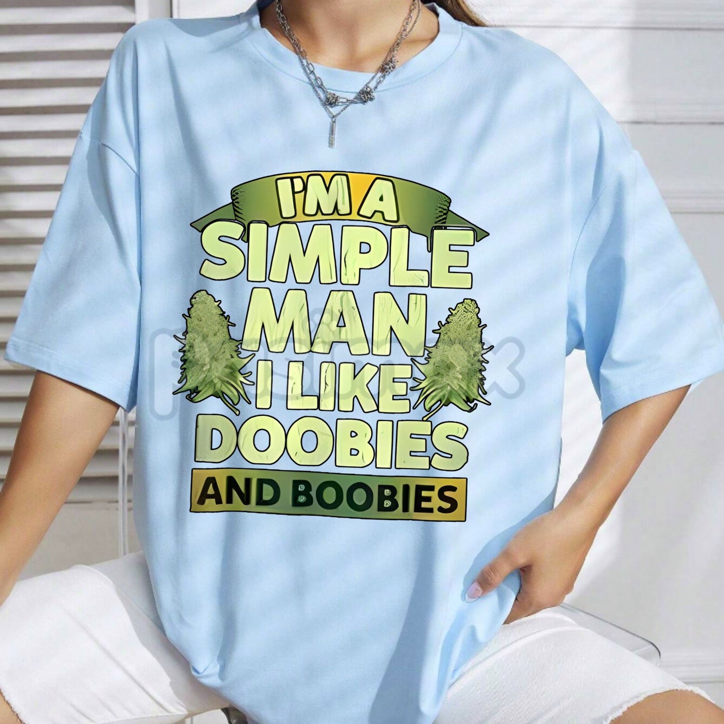Retro "Simple Man: Doobies and Boobies" T-Shirt - Classic 420 Stoner Party Tee, Bold Adult Humor Graphic Top, Unisex Carefree Slogan Apparel