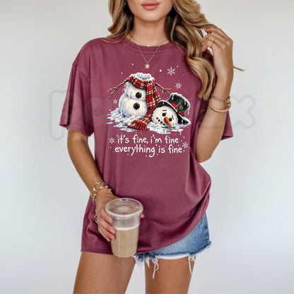 Comfort Colors® It's Fine I'm Fine Everything's Fine Snowman T-Shirt – Funny Melting Snowman Graphic Tee, Sarcastic Holiday Unisex Top & Christmas Gift