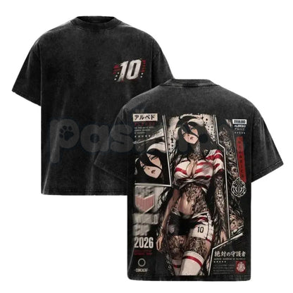 Albedo Overlord Anime T-Shirt – Retro Double Printed Guardian Graphic Tee, Vintage Washed Dark Fantasy Lightweight Cotton Unisex Manga Top