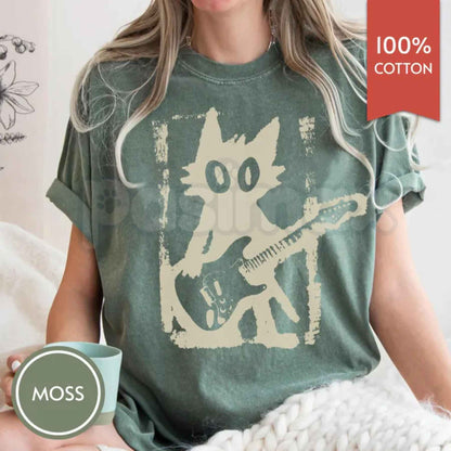 Comfort Colors® Rock Star Cat T-Shirt – Vintage Y2K Kitten Electric Guitar Graphic Tee, Grunge Punk Music Lover Unisex Top