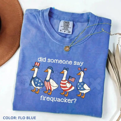 Comfort Colors® "Firequacker" Goose T-Shirt – Funny 4th of July Graphic Tee, Patriotic American Flag Shirt, Silly Retro USA Duck Cotton Top