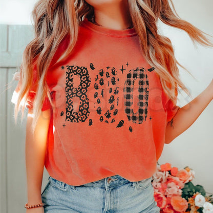 Comfort Colors® Halloween Boo T-Shirt – Leopard Print Ghost Graphic Tee, Cute Spooky Season Unisex Top & Women's Fall Gift