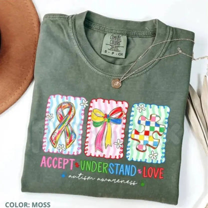 Comfort Colors® Autism Accept, Understand, Love T-Shirt – Trendy Coquette Bow Autism Mama Graphic Tee, Puzzle Piece Faith & Love Awareness Shirt