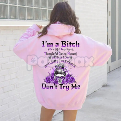 "Yes I’m a B Flower Skull" All Over Print Hoodie – "Don't Try Me I'm The B*tch" Gen X Statement Pullover, Unisex Edgy Streetwear
