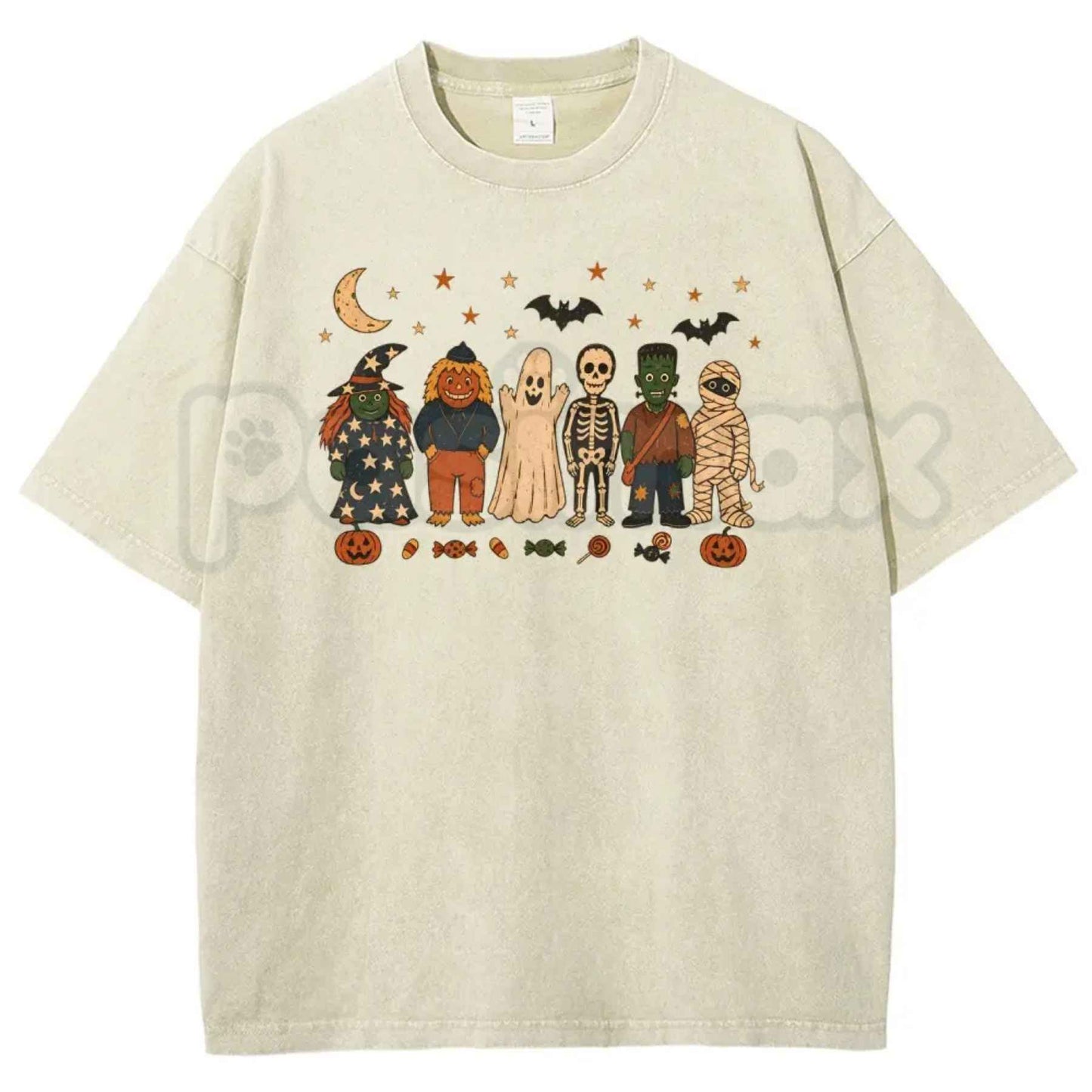 Unisex Witches, Pumpkin Scarecrows, Ghosts, Skeletons Halloween Graphic Washed T-Shirt – Retro Spooky Season Acid Wash Lightweight Cotton Tee