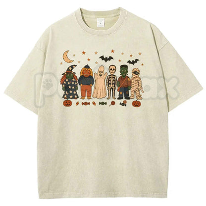 Unisex Witches, Pumpkin Scarecrows, Ghosts, Skeletons Halloween Graphic Washed T-Shirt – Retro Spooky Season Acid Wash Lightweight Cotton Tee