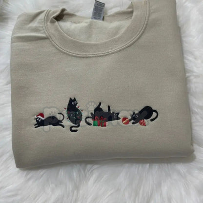 Black Christmas Cats Embroidered Sweatshirt – Cozy Holiday Cat Mom Crewneck