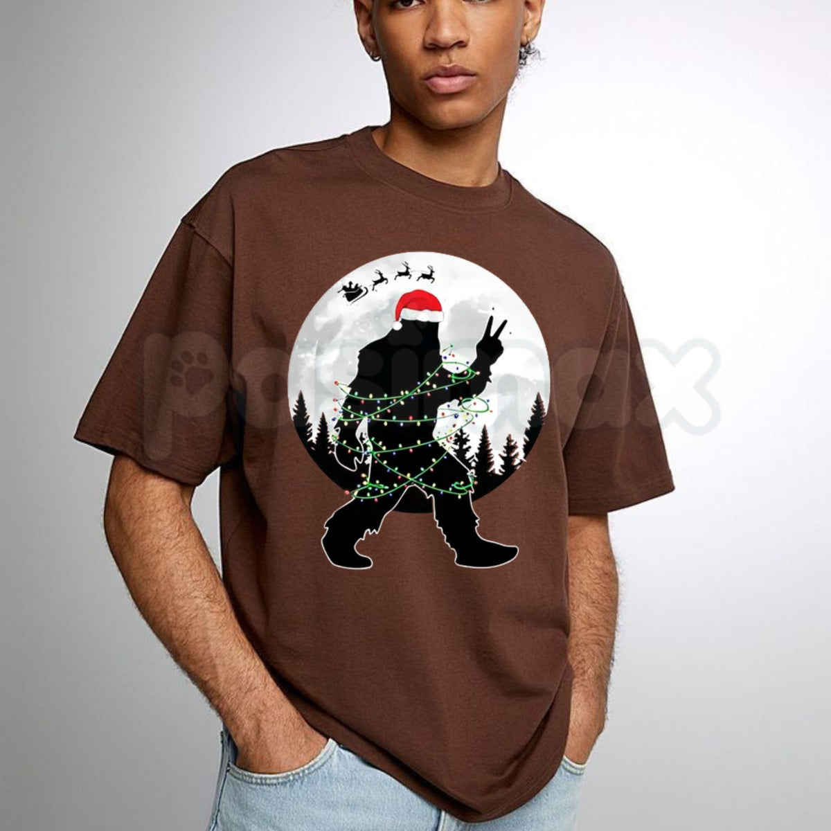 Funny Bigfoot Christmas Unisex Crew Neck T-Shirt – Santa Hat Bigfoot Christmas Lights Moon Graphic Tee
