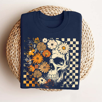 Skull and Flowers T-Shirt - Vintage Halloween Graphic Tee, Retro Oversized Streetwear Shirt