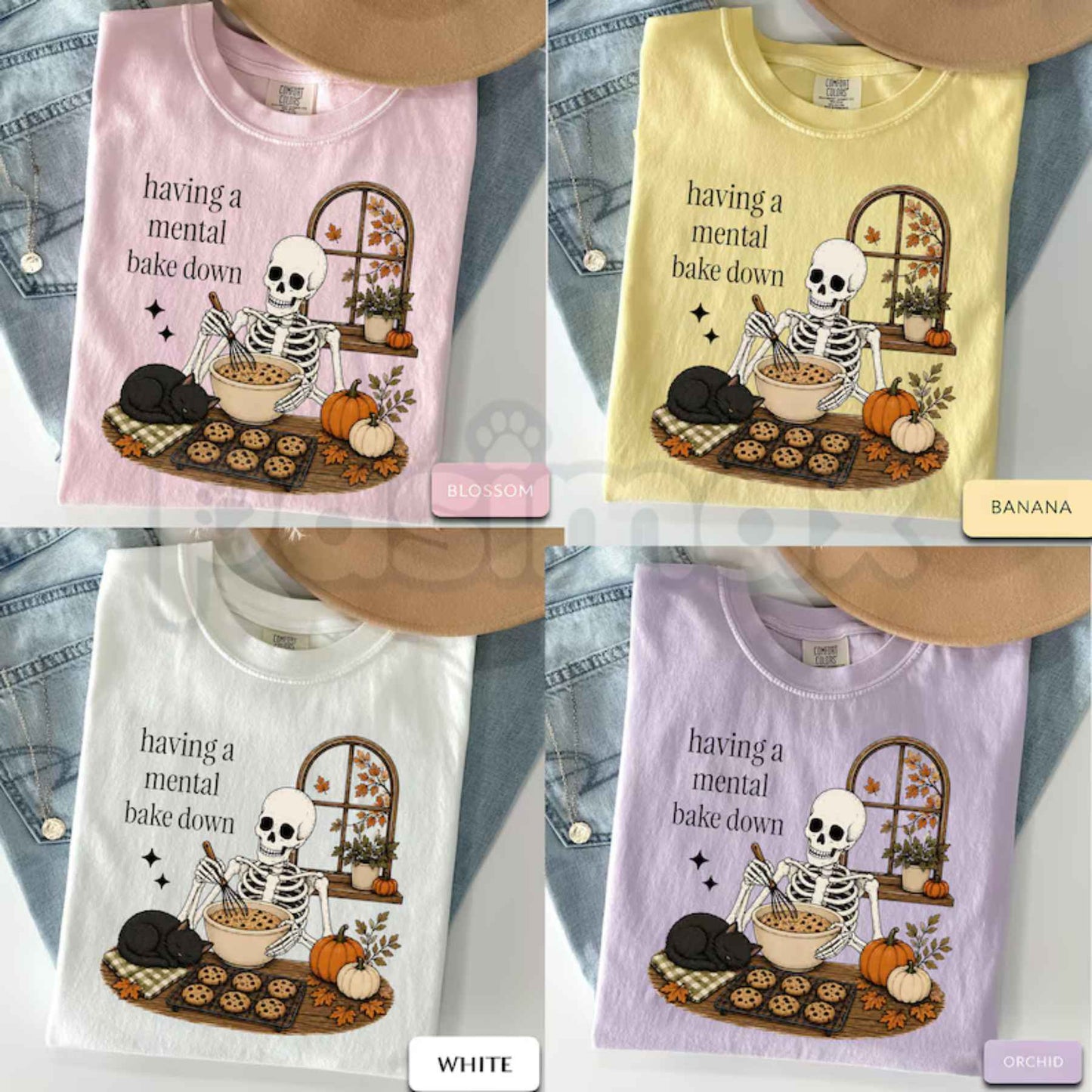 Comfort Colors® "Having A Mental Bake-Down" Skeleton T-Shirt – Funny Halloween Baking Graphic Tee, Retro Spooky Season Cookie Baker Unisex Top