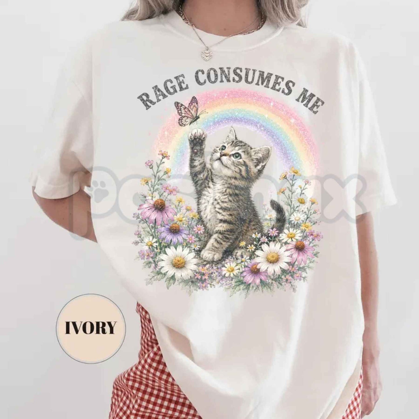 Comfort Colors® "Rage Consumes Me" Funny Cat T-Shirt – Retro Floral Kitten Rainbow Graphic Tee, Sarcastic Mental Health Unisex Top