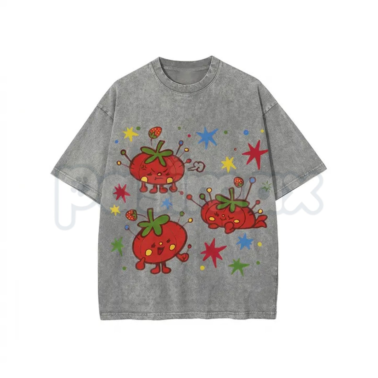 Cute Tomato Party Print T-Shirt – Retro Garden Vegetable Graphic Tee, Lightweight Vintage Washed Cotton Summer Top