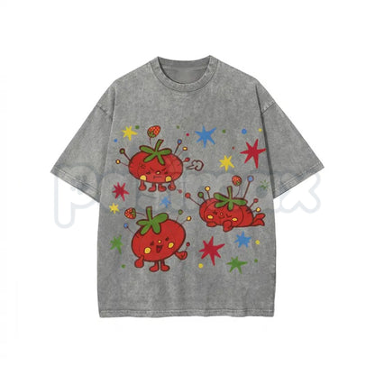 Cute Tomato Party Print T-Shirt – Retro Garden Vegetable Graphic Tee, Lightweight Vintage Washed Cotton Summer Top