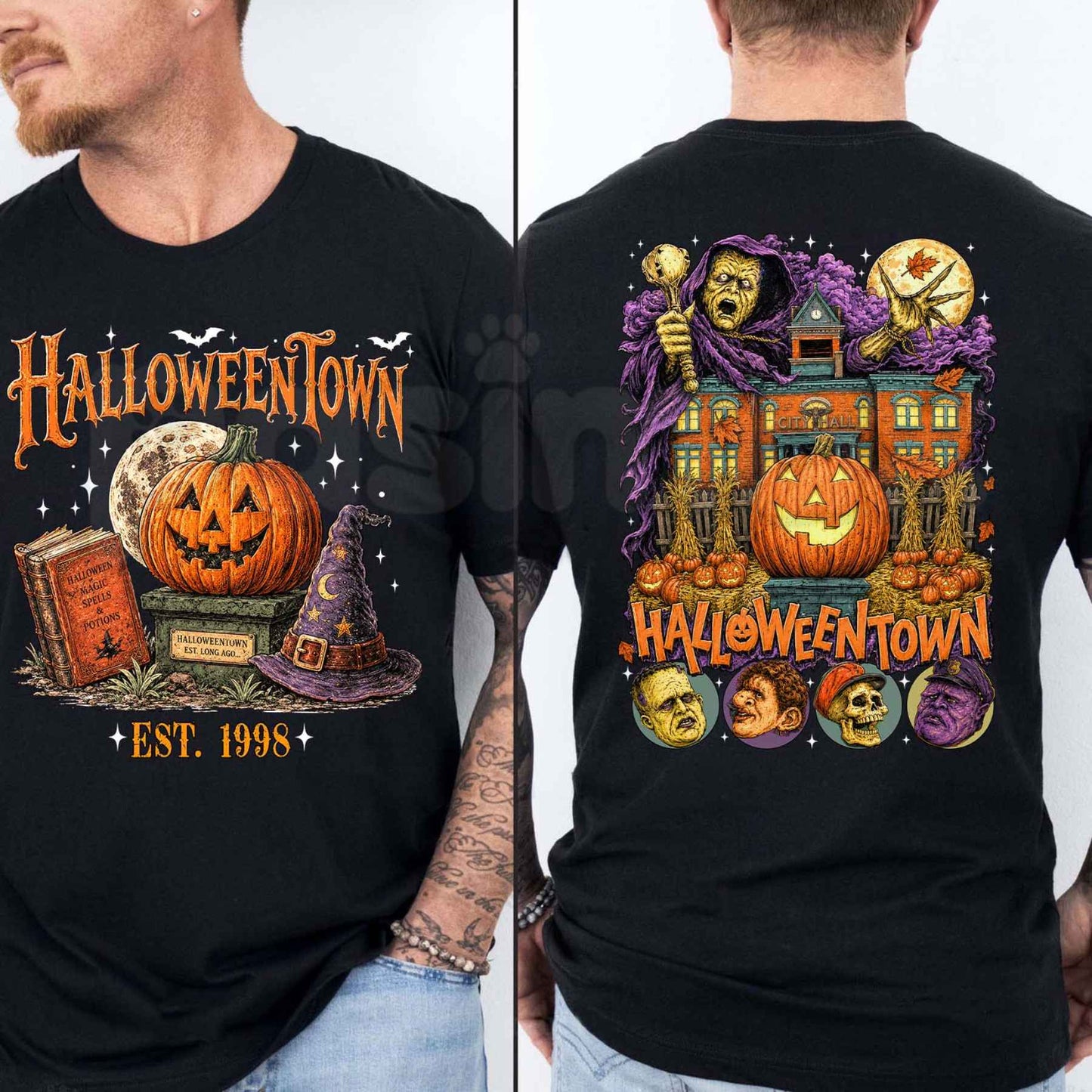 Vintage Pumpkin Witch Spooky Halloween Double-Sided T-Shirt – Retro Gothic Unisex Cotton Tee