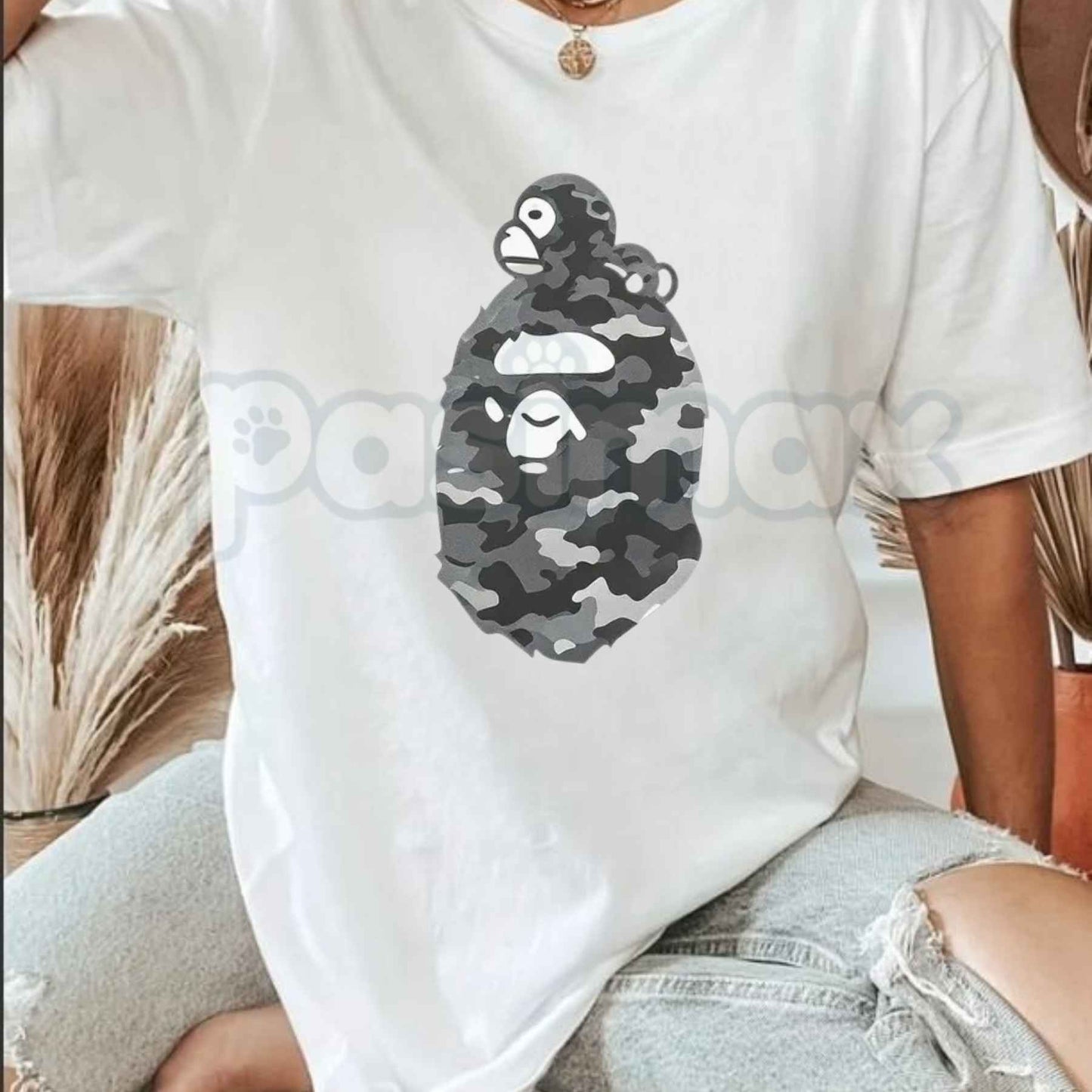 Black Grey Camo Ape Head & Baby Milo T-Shirt – Japanese Streetwear Unisex Cotton Tee