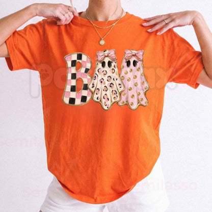 Girly Ghost Boo T-Shirt – Cute Pink Bow Halloween Spooky Season Graphic Tee