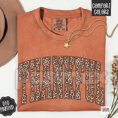 Comfort Colors® 'Thankful' Leopard Print Tee – Trendy Women's Fall Shirt, Vintage Thanksgiving Apparel