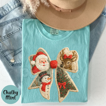 Comfort Colors® 'Cozy Knit Bows' T-Shirt – Rustic Christmas Sweater Graphic, Holiday Ribbon Aesthetic Tee, Vintage Festive Comfort