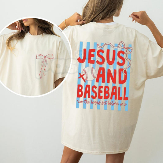 "2 Sides: Jesus & Baseball" Coquette T-Shirt – Cute Christian Athlete Graphic Tee, Premium 100% Cotton Pink Bow Baseball Top, Soft Lived-In Heavyweight Faith & Sports Shirt, Made in USA-Pasimax