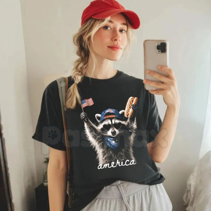 Comfort Colors® "Feral & Free" Raccoon 4th of July T-Shirt – Funny Patriotic Graphic Tee, Raccoon Lover Trash Panda Independence Day Holiday Top