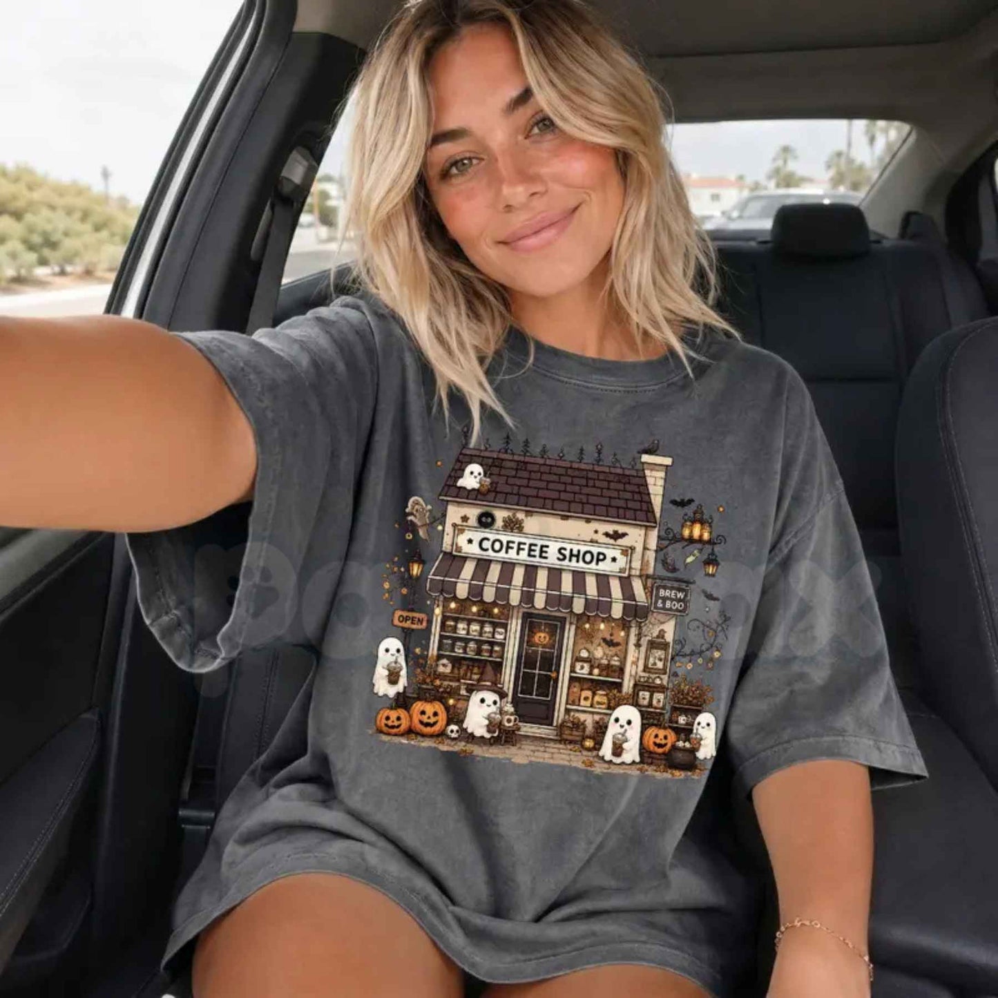 Comfort Colors® Spooky Coffee Shop T-Shirt – Halloween Coffee Lover Graphic Tee, Vintage Ghost Cafe Unisex Top