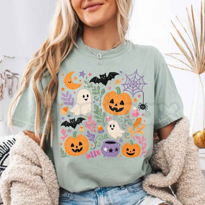 Comfort Colors® Floral Halloween T-Shirt – Spooky Season Graphic Tee, Preppy Fall Floral Pumpkin Unisex Top & Gift