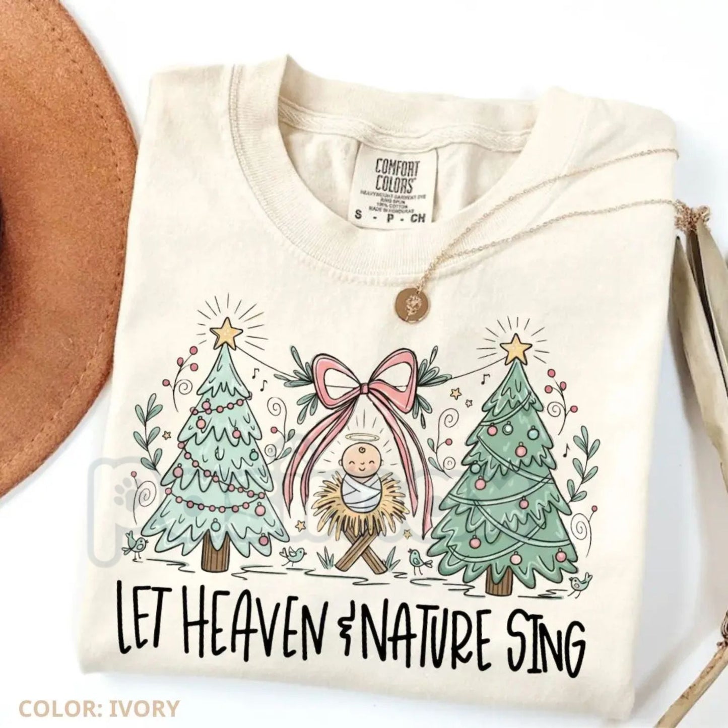 'Heaven and Nature Sing' Comfort Colors® T-Shirt – Whimsical Christmas Nativity Bow Trees Tee, Cozy Holiday Gospel Shirt
