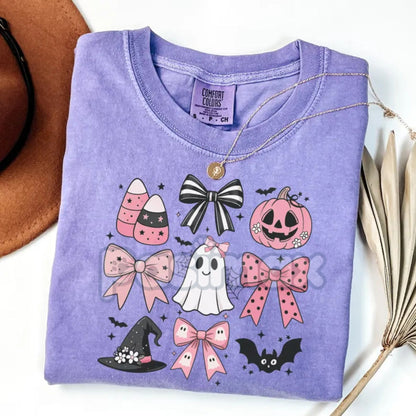 Comfort Colors® Pink Girly Bows Halloween Tee – Cute Ghost Shirt, Coquette Spooky Fall Shirt, Vintage Halloween Gift