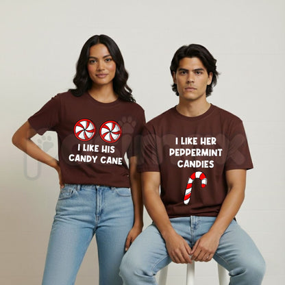 I Like Her Peppermint Candies & I Like His Candy Cane T-Shirts – Funny Christmas Couples Matching Holiday Graphic Tees