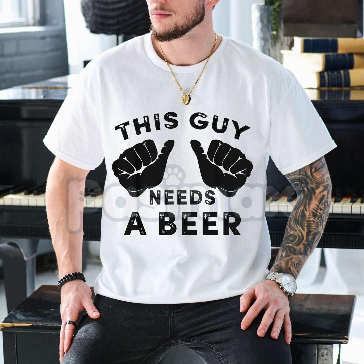 "This Guy Needs A Beer" Funny Mens Drinking Gift T-Shirt - Casual Beer Lover Tee, Thirsty Slogan Apparel, Humorous Relaxation Gift