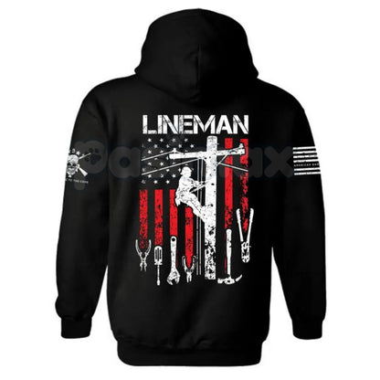 Patriotic American Flag Lineman Hoodie – USA Flag Work Pullover, Electric Lineworker Trade Apparel, Unisex