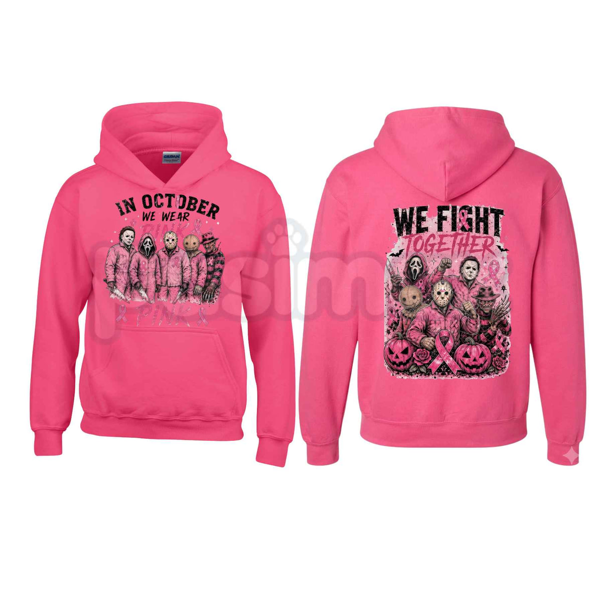 Heliconia Horror October Hoodie – In October We Wear Pink Scary Movie Character Pumpkin Bat Graphic Pullover, Halloween Breast Cancer Awareness Sweatshirt
