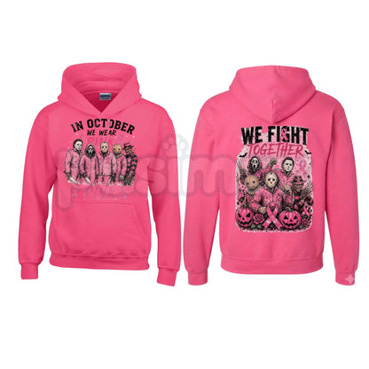 Heliconia Horror October Hoodie – In October We Wear Pink Scary Movie Character Pumpkin Bat Graphic Pullover, Halloween Breast Cancer Awareness Sweatshirt