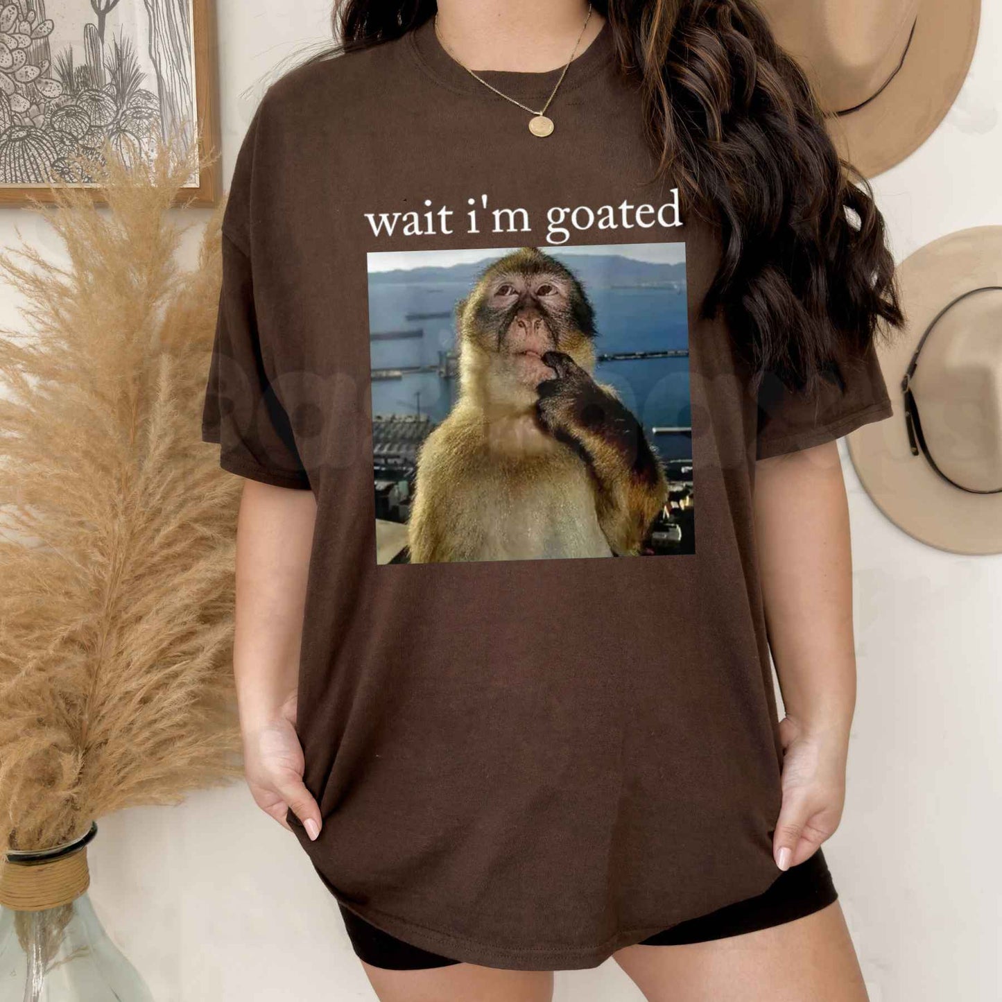 Wait I'm Goated Funny Thinking Monkey Meme T-Shirt – Viral Brainrot Humor Unisex Cotton Streetwear Graphic Tee