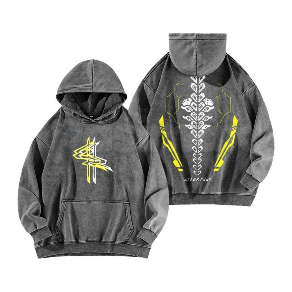 (Pre Order) Cyberpunk Machinery Graphic Washed Hoodie – Futuristic Industrial Pullover, Vintage Tech Streetwear