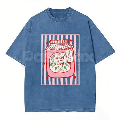 Jesus Is My Jam Strawberry Jam Jar T-Shirt – Pink Washed Christian Graphic Tee, Lightweight "Make His Mercy Known" Faith Top