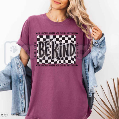 Comfort Colors® Checkered "Be Kind" T-Shirt – Retro Motivational Teacher Graphic Tee, Positive Affirmation Unisex Top